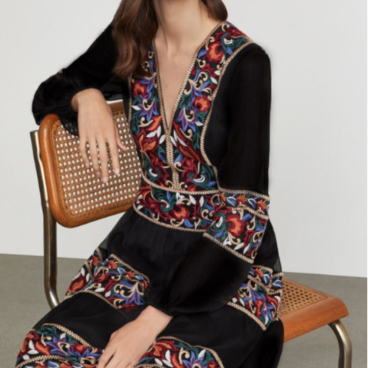 Women Dresses V-neck Flower Embroidered Sexy Fashion Dress