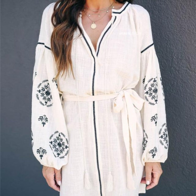 Womne Dresses Bohemian Lantern Sleeve Embroidered Cotton Shirt Midi Dress