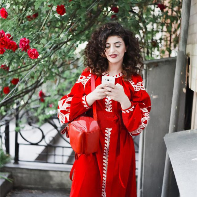 Women Dresses Bohemian Lantern Sleeve Linen Fashion Solid Color Dress