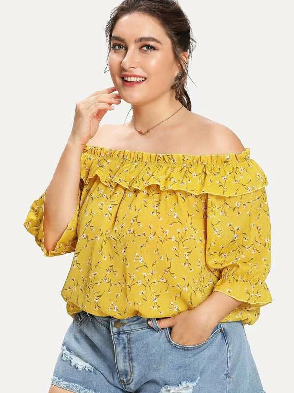 Women Plus Size Tops Summer Floral Flounce Off-Shoulder Chiffon Off-Shoulder Top for Women