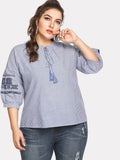 Women Plus Size Tops Embroidered Striped Lantern Sleeve Shirt Tied Top