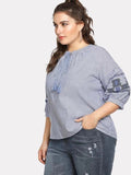 Women Plus Size Tops Embroidered Striped Lantern Sleeve Shirt Tied Top