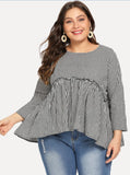 Women Plus Size Tops Plaid Doll Shirt Long Sleeve Round Neck Loose Top