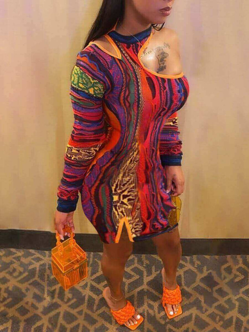 Women Plus Size Mini Dresses Street Color Print Off-Shoulder Bodycon Sexy Dress