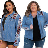 Women Plus Size Denim Coats Denim Stitching Casual Loose Jacket