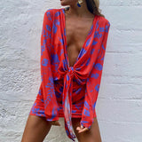 Autumn and Winter Women's Fashion Sexy V-neck Printed Lace-up Short Skirt Dress for Women