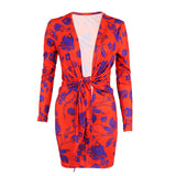 Autumn and Winter Women's Fashion Sexy V-neck Printed Lace-up Short Skirt Dress for Women