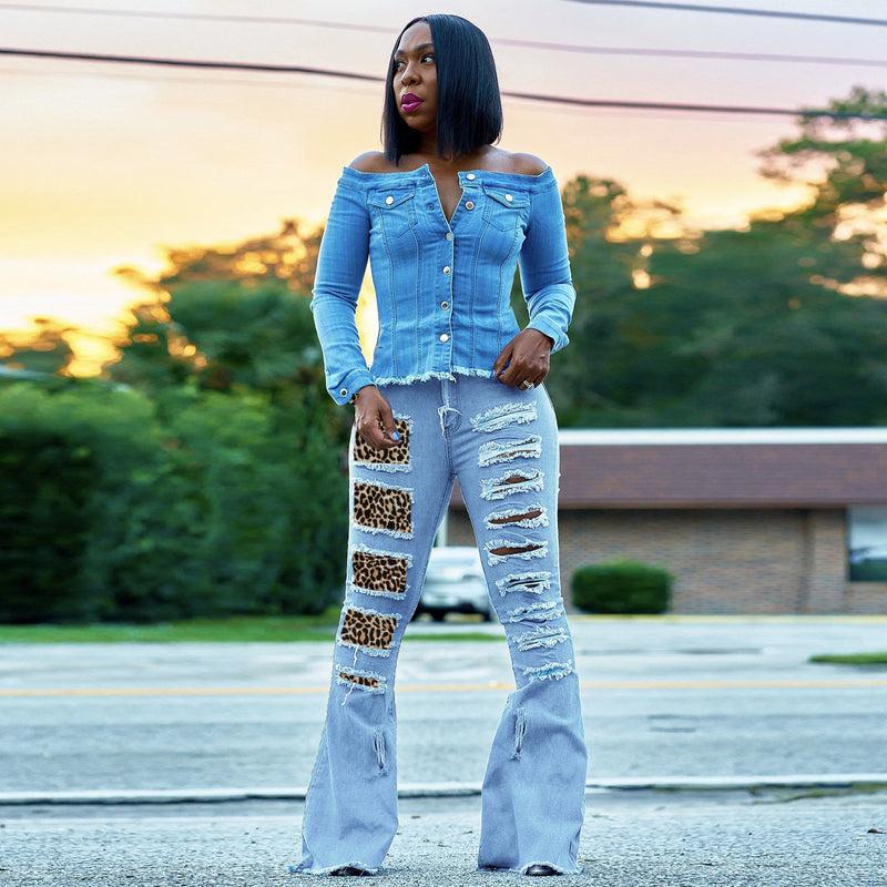 Women Plus Size Jeans Fashion Leopard Splicing Pants