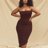 Women Summer Dresses Midi Dress   Sexy Mesh Tube Top off-the-Shoulder Ruffle Hip Mid-Skirt Dress