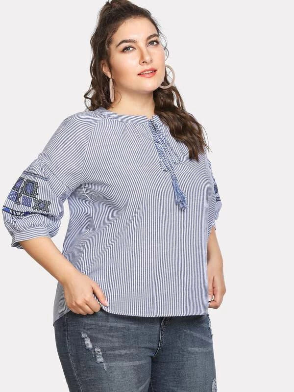 Women Plus Size Tops Embroidered Striped Lantern Sleeve Shirt Tied Top