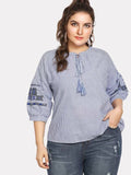 Women Plus Size Tops Embroidered Striped Lantern Sleeve Shirt Tied Top