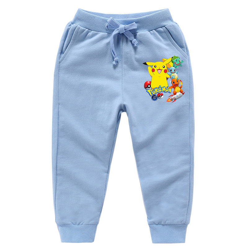 Children Pokemon Pikachu Pants Ankle-Tied Trousers Boys and Girls Cotton Casual Sports Loose