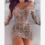 Women Exotic Dresses Sexy V-neck Slim Fit Leopard Print Long Sleeve Sheath Dress