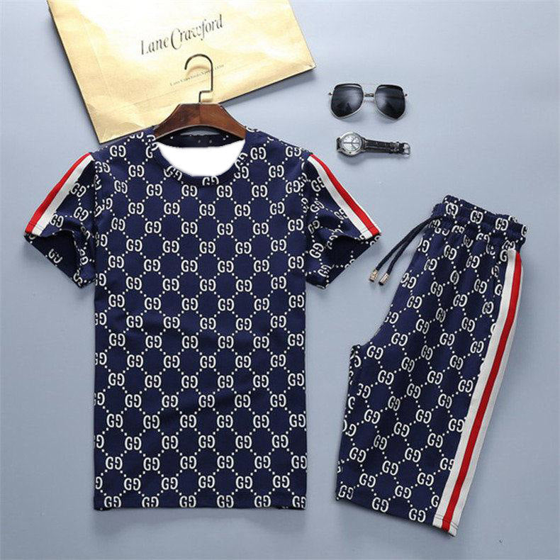 Men's Athletic Tracksui Summer Printed Casual Suit round Neck Short Pants Two-Pieces