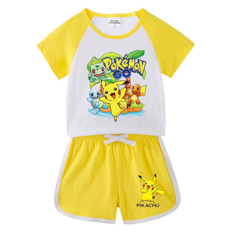 Children Pokemon Pikachu Tshirts & Shorts Short-Sleeved T-shirt Shorts Casual Sports Two-Piece Neutral