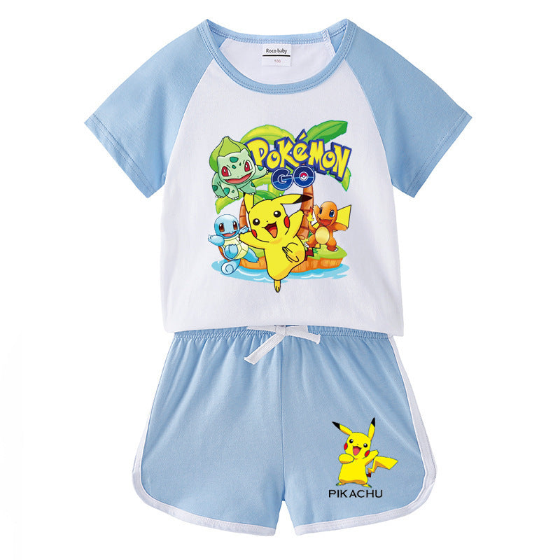 Children Pokemon Pikachu Tshirts & Shorts Short-Sleeved T-shirt Shorts Casual Sports Two-Piece Neutral
