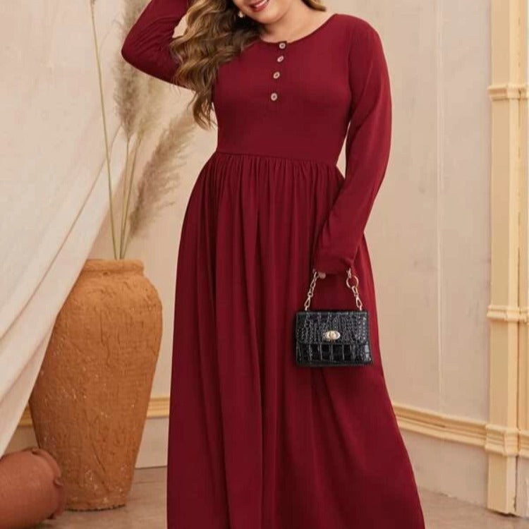 Women Plus Size Maxi Dresses Solid Color Round Neck Button Long Sleeve Dress