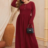 Women Plus Size Maxi Dresses Solid Color Round Neck Button Long Sleeve Dress