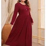 Women Plus Size Maxi Dresses Solid Color Round Neck Button Long Sleeve Dress