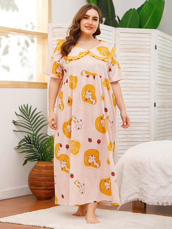 Women Plus Size Maxi Dresses Printed Loose Short Sleeve Dress