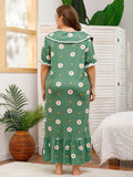 Women plus Size Maxi Dresses Loose Short Sleeve Printed Green Square Collar Dress