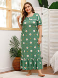 Women plus Size Maxi Dresses Loose Short Sleeve Printed Green Square Collar Dress