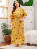 Women Plus Size Maxi Dresses Cotton Round Neck Printing Dress