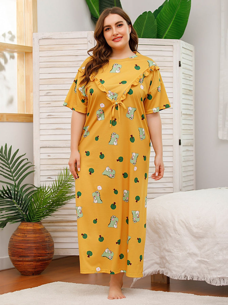 Women Plus Size Maxi Dresses Cotton Round Neck Printing Dress