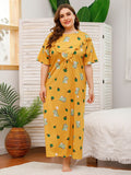 Women Plus Size Maxi Dresses Cotton Round Neck Printing Dress