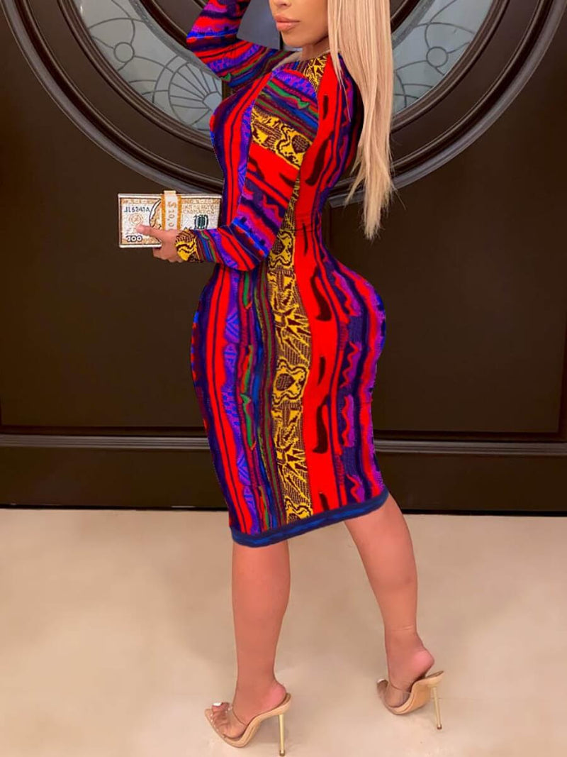 Women Plus Size Midi Dresses Long Sleeve Printed Deep V Sexy Slim Bodycon Dress