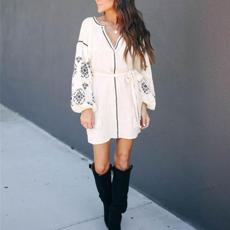 Womne Dresses Bohemian Lantern Sleeve Embroidered Cotton Shirt Midi Dress