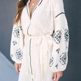 Womne Dresses Bohemian Lantern Sleeve Embroidered Cotton Shirt Midi Dress