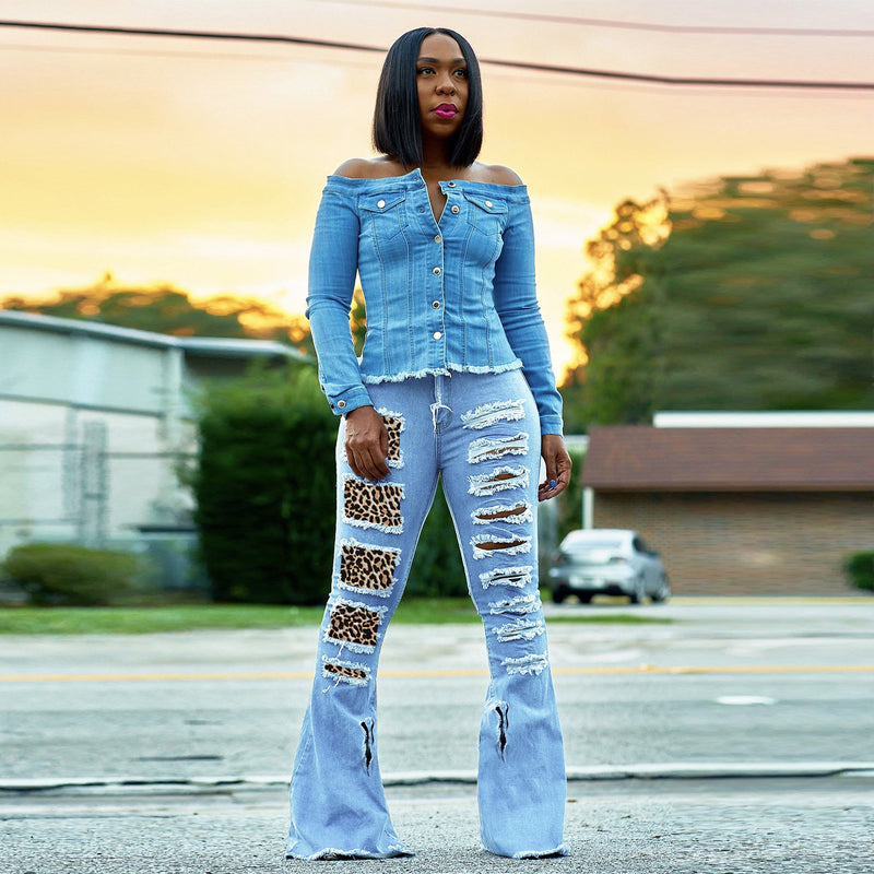 Women Plus Size Jeans Fashion Leopard Splicing Pants