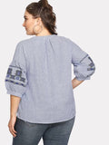 Women Plus Size Tops Embroidered Striped Lantern Sleeve Shirt Tied Top