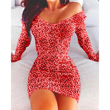 Women Exotic Dresses Sexy V-neck Slim Fit Leopard Print Long Sleeve Sheath Dress