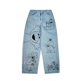 Anime Print Jeans Denim Pants Cartoon Printed Jeans Vintage Loose Straight Pants