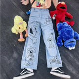 Anime Print Jeans Denim Pants Cartoon Printed Jeans Vintage Loose Straight Pants