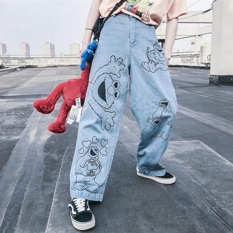Anime Print Jeans Denim Pants Cartoon Printed Jeans Vintage Loose Straight Pants