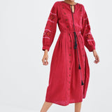 Bohemian Ethnic Style Embroidered Neckline Lace-up Fashion Dress