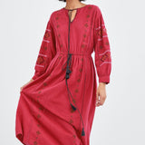 Bohemian Ethnic Style Embroidered Neckline Lace-up Fashion Dress