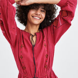 Bohemian Ethnic Style Embroidered Neckline Lace-up Fashion Dress
