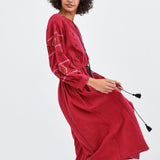 Bohemian Ethnic Style Embroidered Neckline Lace-up Fashion Dress