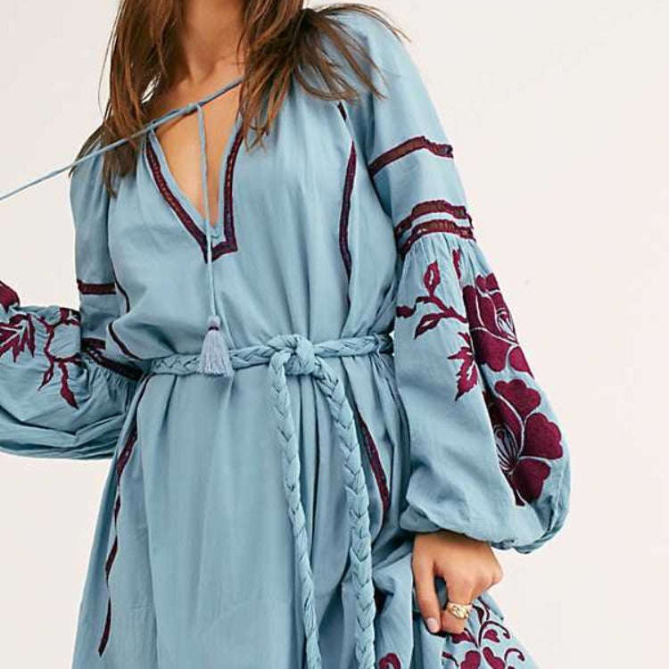 Womne Dresses Bohemian Lantern Long Sleeve Embroidered Neckline Holiday Beach Dress