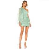 Women Bodycon Dress Sexy Mesh One-Shoulder Tight Dress Bandage Dress