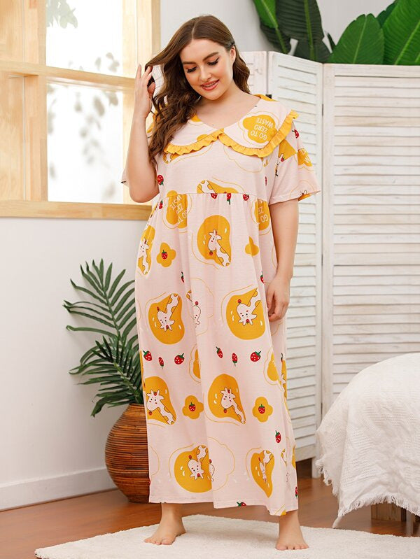 Women Plus Size Maxi Dresses Printed Loose Short Sleeve Dress