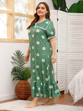 Women plus Size Maxi Dresses Loose Short Sleeve Printed Green Square Collar Dress