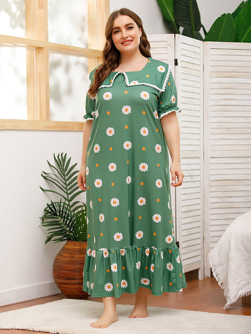 Women plus Size Maxi Dresses Loose Short Sleeve Printed Green Square Collar Dress