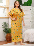 Women Plus Size Maxi Dresses Cotton Round Neck Printing Dress