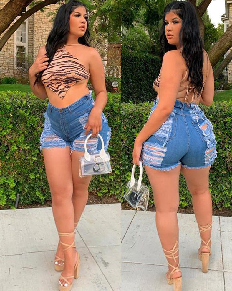 Women Plus Size Denim Shorts Ripped Slim Fit Denim Shorts for Women