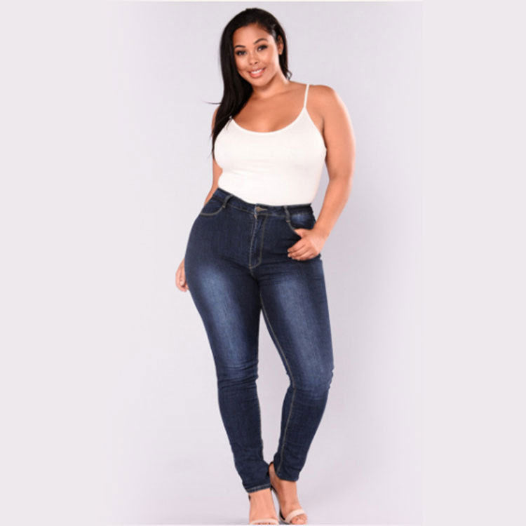Women Plus Size Jeans High Waist Slim Denim Skinny Pants